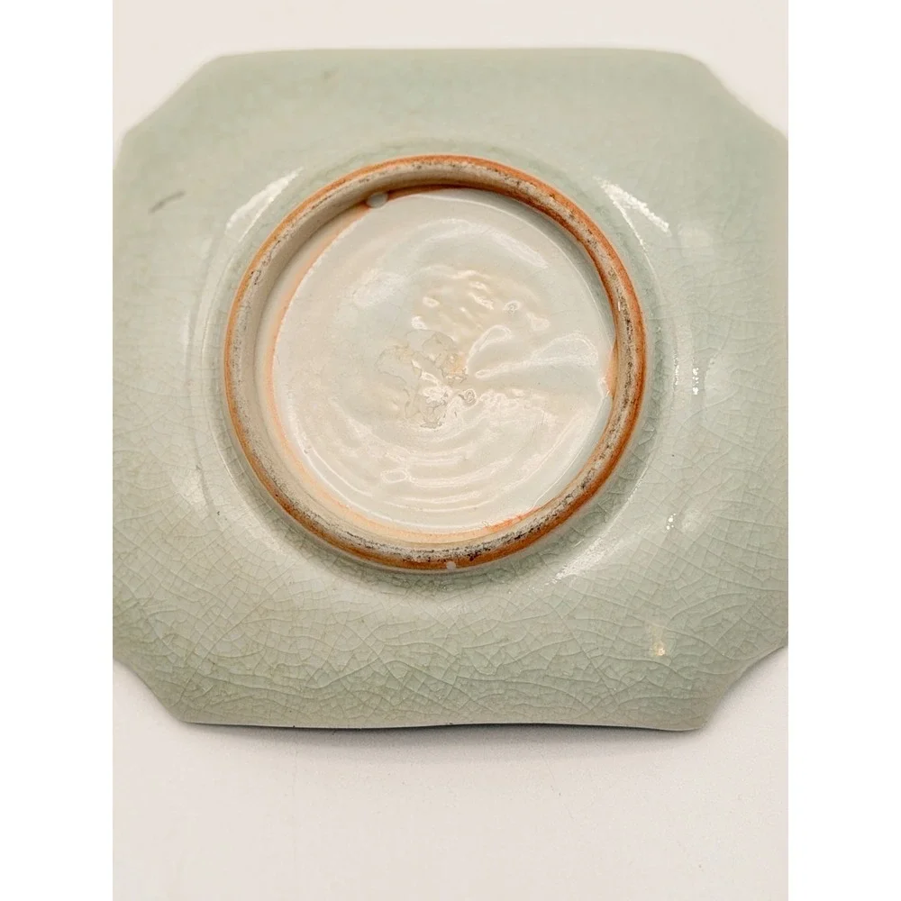 Vintage Celadon Crackle Glaze Horse Trinket Dish Asian Hand Painted Square Plate